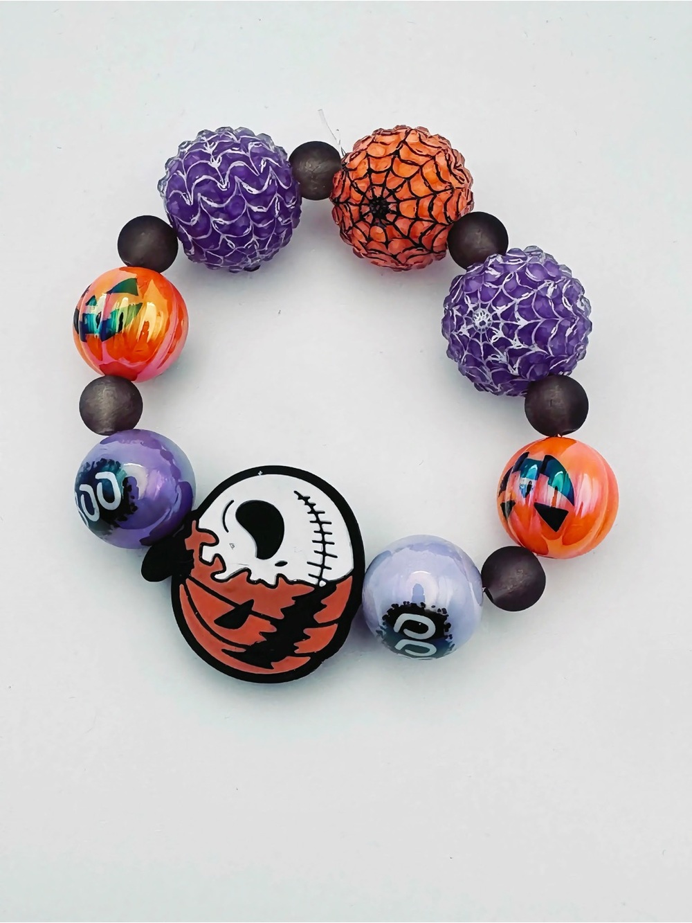 Spooky Town Skeleton & Pumpkin Chunky Beaded Bracelet Gothic Halloween Jewelry
